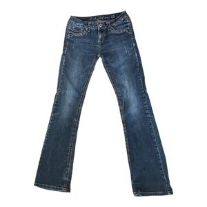 LA Idol USA Boho Cowgirl Y2K‎ Jeweled Pocket Distressed Low Rise Bootcut Jeans 7